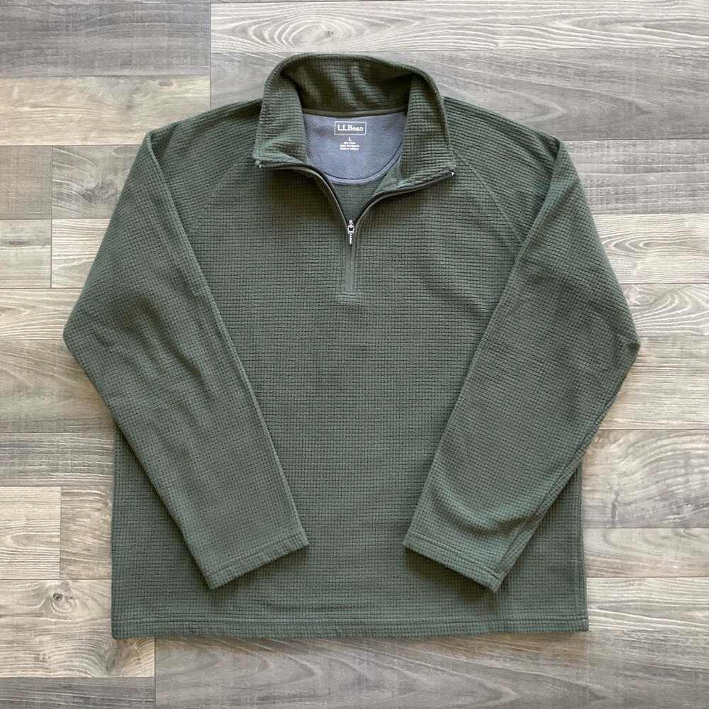 VTG LL Bean Waffle Knit 1/4 Zip Pullover Mens LARGE Olive Green Sweatshirt 0JTU2
